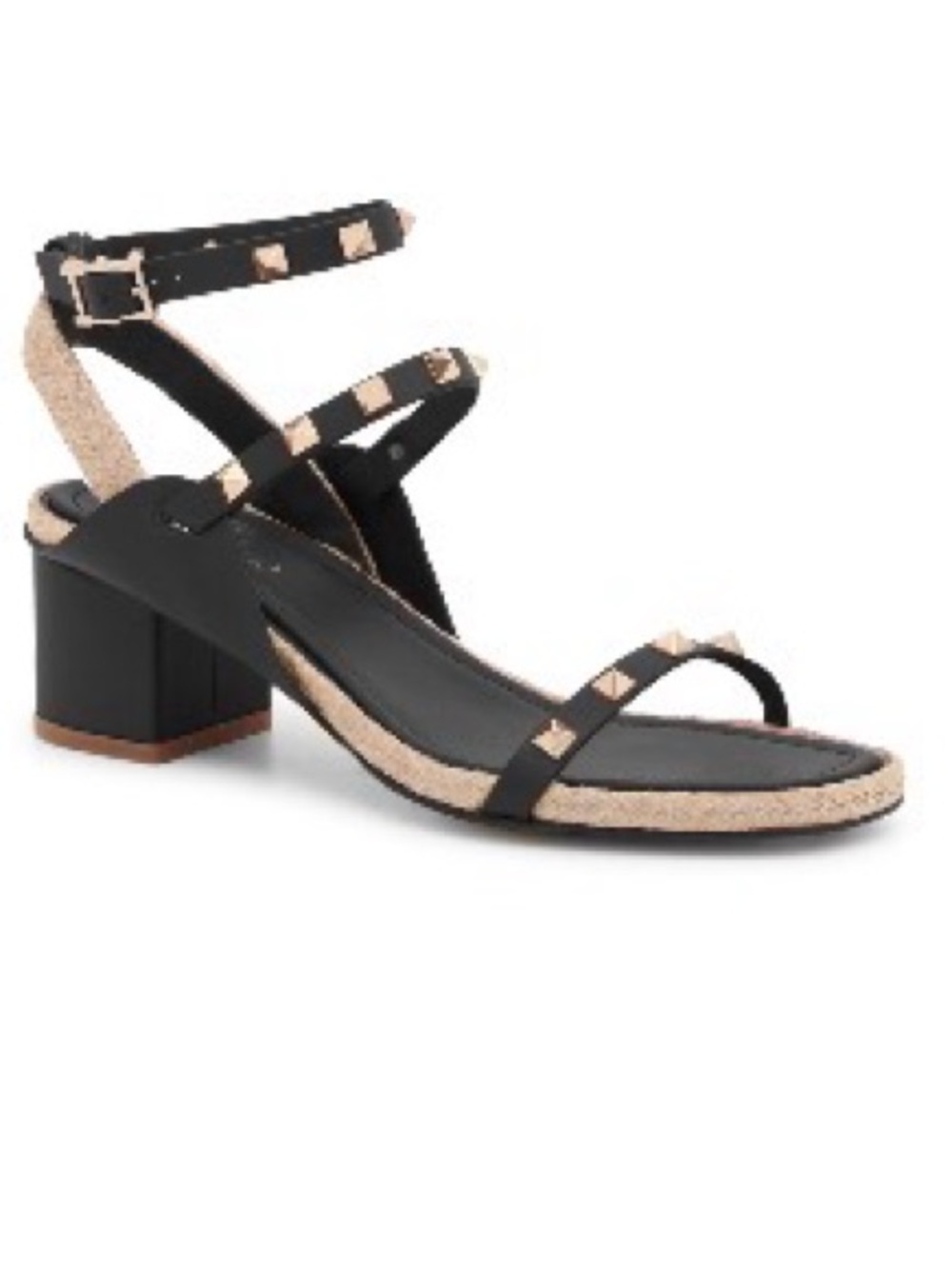 Valentino Garavani Black ROCKSTUD, Strappy Block Heeled Sandals Espadrille Trim